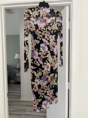AFRM Black Floral Long Sleeve Midi Dress with Lavender & Peach Blooms